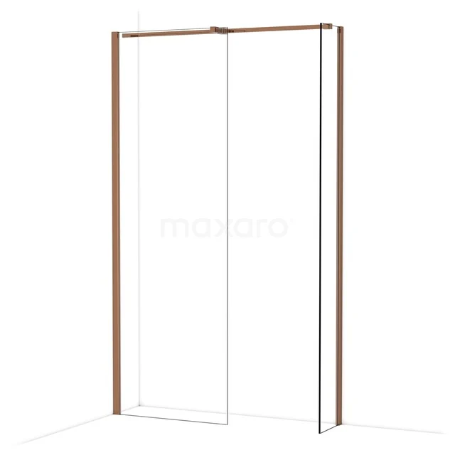 Glazen douchewand met koperkleurig frame en schuifdeur, modern design, perfect voor een stijlvolle badkamer renovatie.