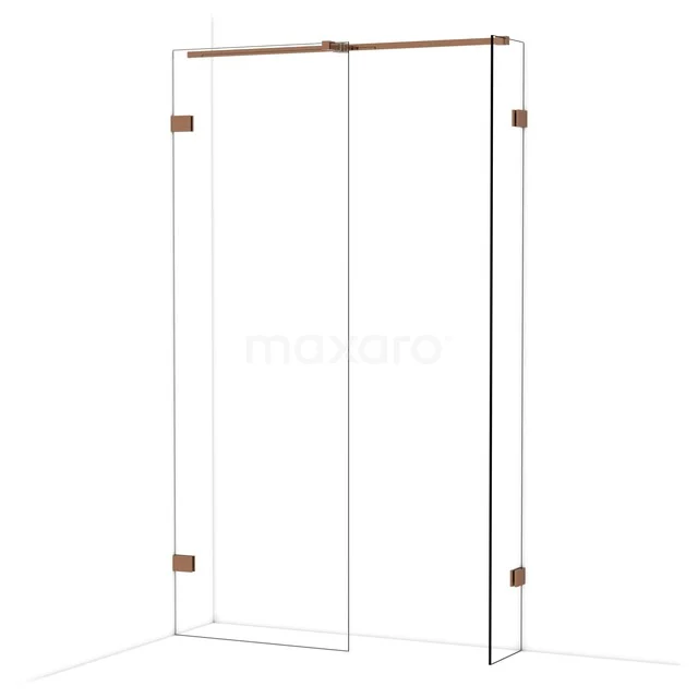 Glazen hoekdouchewand met koperkleurige profielen, strak design, ideaal voor een luxe en moderne badkamer.