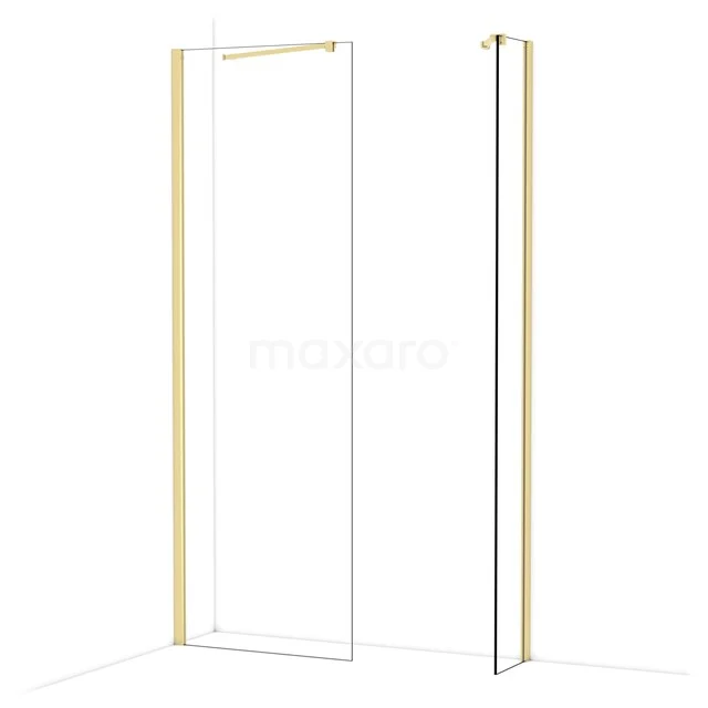 Goudkleurige douchewand met strakke lijnen en minimalistisch design, perfect voor een moderne badkamerinrichting.