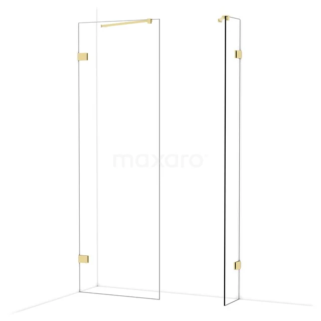 Glass shower wall with gold-coloured fittings, modern design, ideal as a stylish addition to any bathroom.