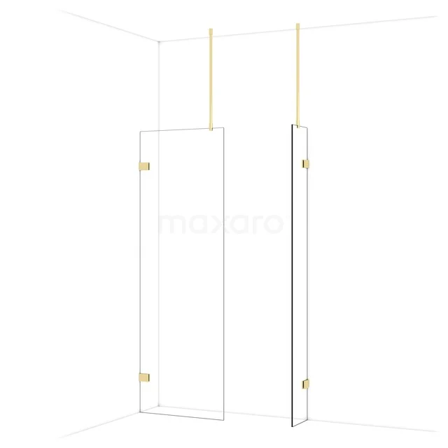 Weiße Duschwand mit goldfarbenen Befestigungen, minimalistisches Design und Badezimmerfunktionalität.