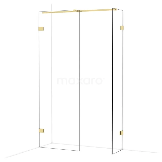 Glazen douchewand met gouden scharnieren, helder glas en minimalistisch design, ideaal voor een moderne badkamer.