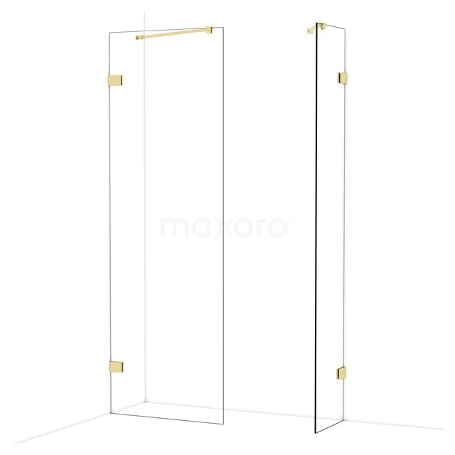 Glas Duschwand mit goldfarbenen Scharnieren, modernes Design, ideal für eine luxuriöse Badezimmer Einrichtung.