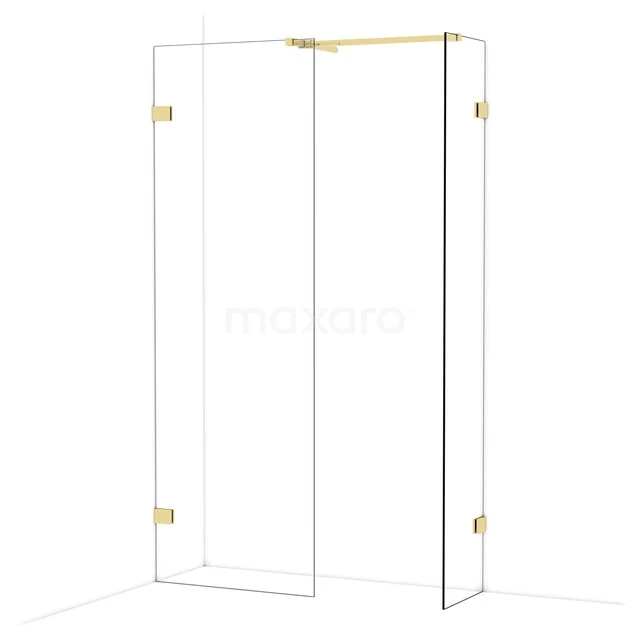 Glass shower wall with gold-coloured hinges, angular shape, ideal for a stylish bathroom decor.
