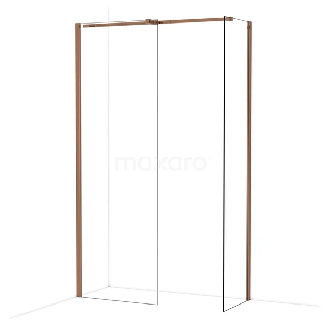 Duschwand mit kupferfarbenem Rahmen, modernes Design und Klarglas, ideal für eine stilvolle und luxuriöse Badezimmergestaltung.