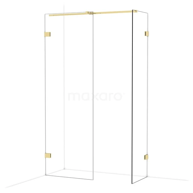 Gold-coloured walk-in shower with transparent glass and minimalist design, ideal for a stylish bathroom.