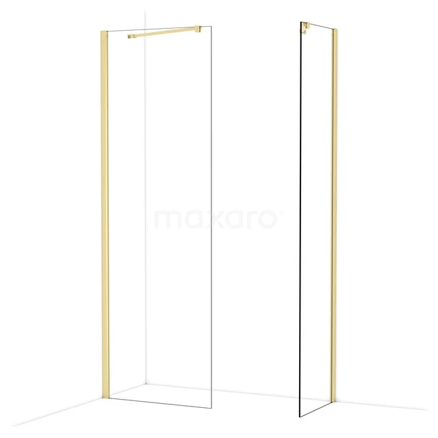 Golden walk-in shower frame with minimalist design, suitable for stylish bathroom decor.