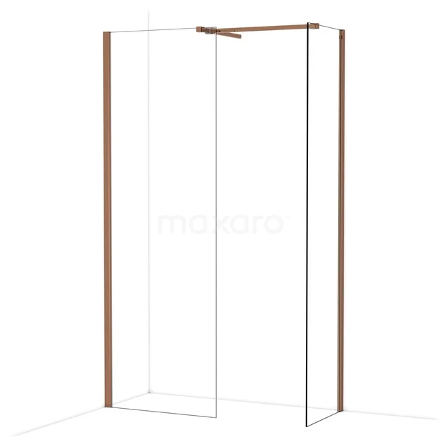 Duschwand mit kupferfarbenen Profilen, Glasplatten und modernem Design, ideal für eine stilvolle Badezimmergestaltung.