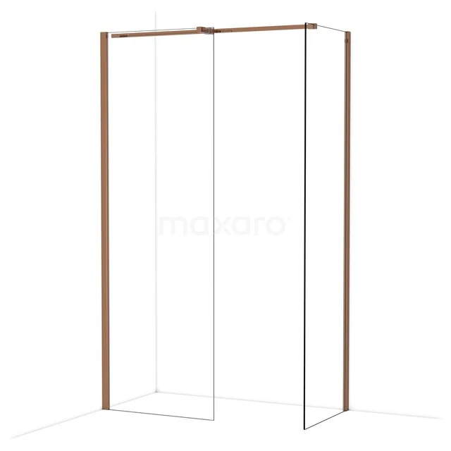 Douchewand met koperen frame, minimalistisch design en helder glas, perfect als stijlvolle toevoeging aan de badkamer.