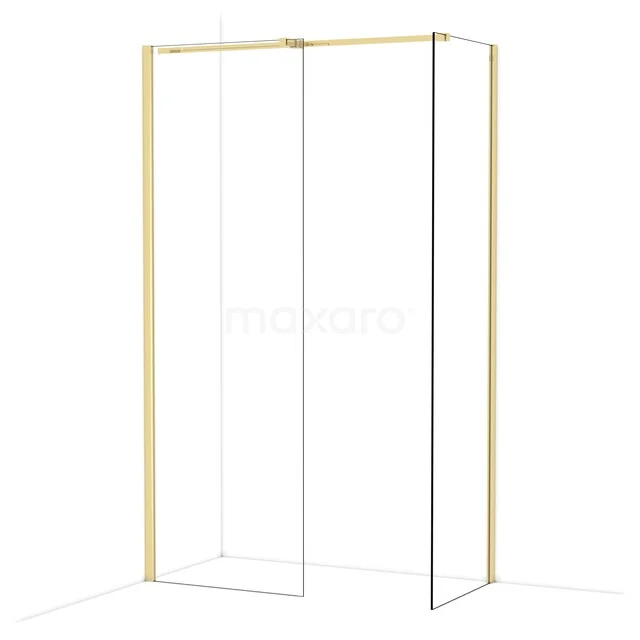 Gold-coloured shower wall with a minimalist design of glass and metal frame, ideal for a stylish bathroom.