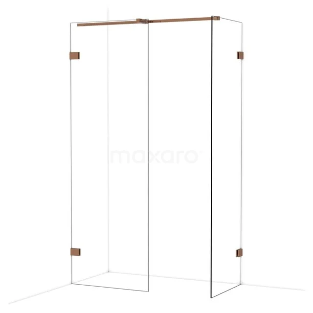 Glazen douchewand met koperkleurige details, strak design en minimalistische uitstraling voor een moderne badkamerstijl.