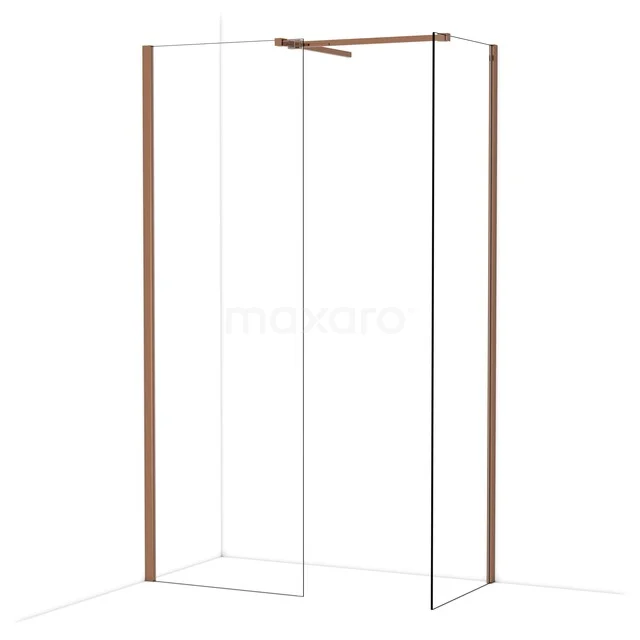 Douchewand met koperen accenten, helder glas en minimalistisch design, ideaal voor een moderne badkamerstijl.