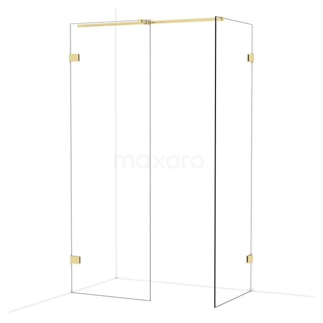 Glass shower wall with golden accents, minimalist design, perfect for a stylish bathroom decor.