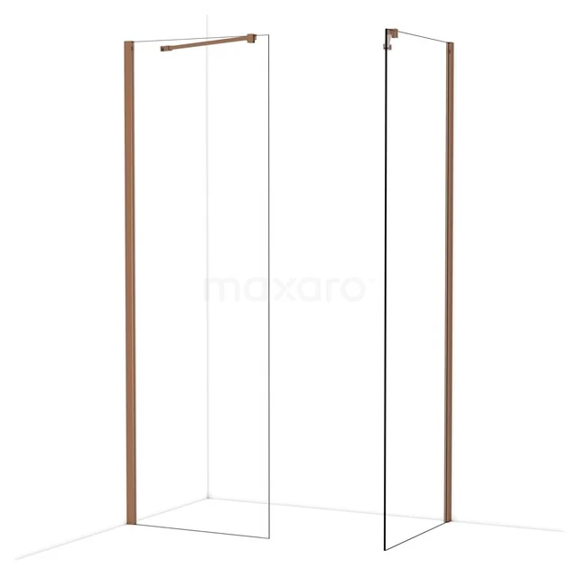 Duschwand mit Holzprofilen, transparentem Glas und minimalistischem Design, ideal als moderne Badezimmerlösung.