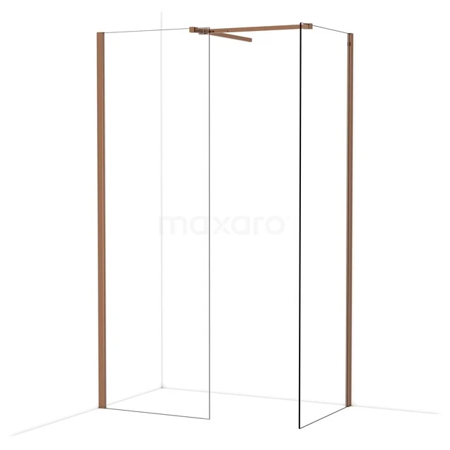 Douchewand met mat gouden profielen, helder glas en hoekdesign, ideaal voor een stijlvolle badkamerinrichting.