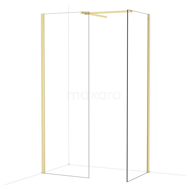 Golden shower wall in minimalist design with glass panels, ideal for a stylish and spacious bathroom decor.