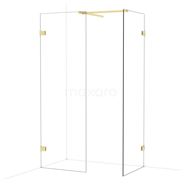 Glazen douchewand met gouden accenten, hoekmodel met scharnieren, ideaal voor moderne badkamerinrichting.