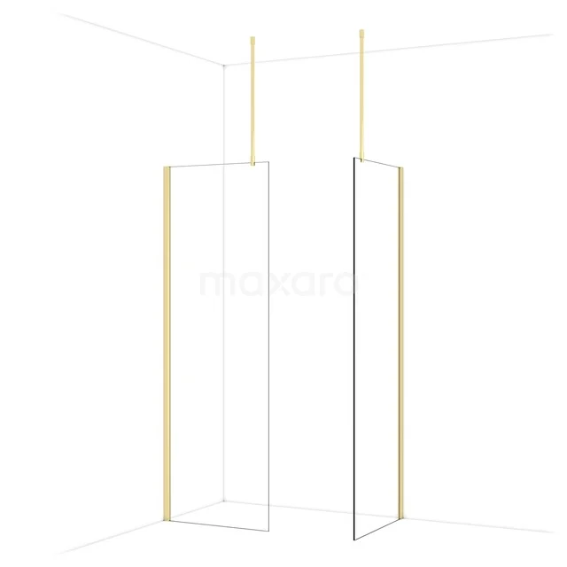 Diamond Walk-in shower | 70x70 cm Shiny light gold Clear glass 2 fixed walls IDB0707910GLG Minimalist shower wall with golden accents, sleek frame of glass and metal, perfect for a modern bathroom style.