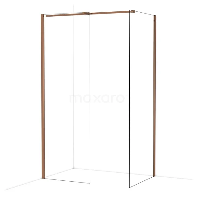 Douchewand met hoekopstelling, transparant glas en stijlvolle koperkleurige profielen, perfect voor een moderne badkamer.