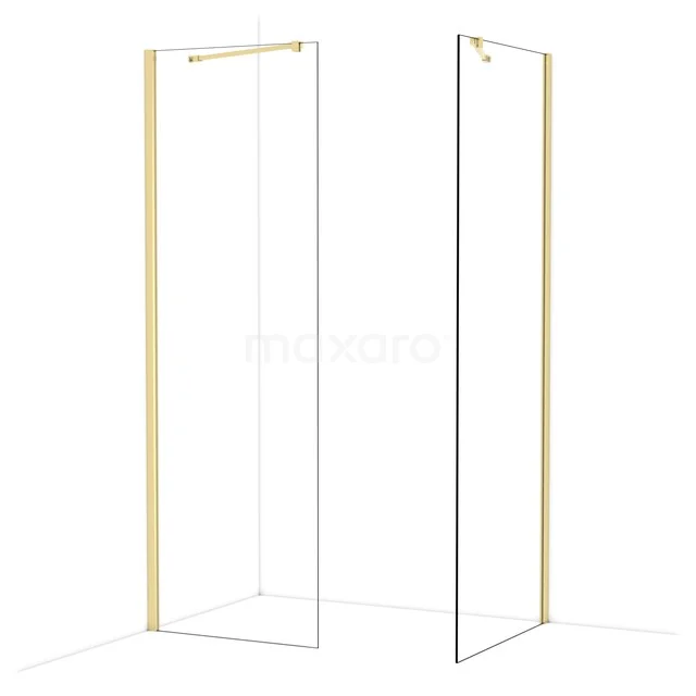 Duschwand mit goldfarbenem Rahmen, minimalistisches Design, Glas und Aluminium, ideal für einen modernen Badezimmerstil.