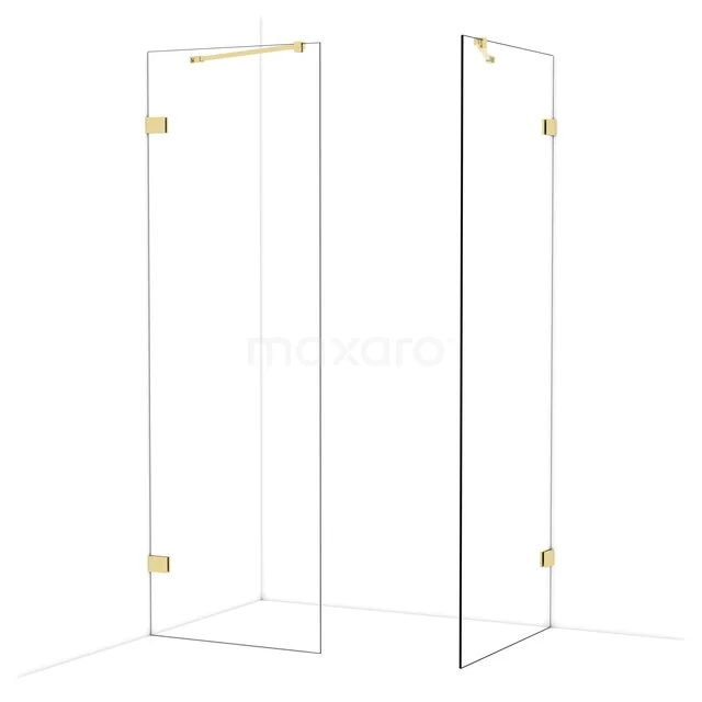 Glas Duschwand mit goldfarbenen Scharnieren, minimalistisches Design für eine luxuriöse Badezimmergestaltung.