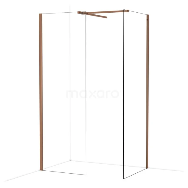 Douchewand met helder glas, roestvrijstalen profielen in bruin, modern hoekdesign voor luxe badkamerinrichting.