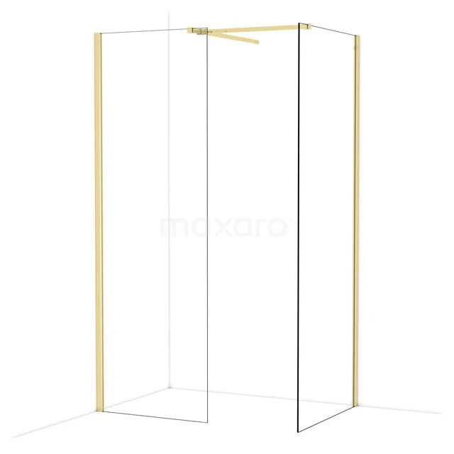 Gouden inloopdouche met hoekopstelling, glazen wanden en modern design. Perfect voor een luxe badkamerstijl.