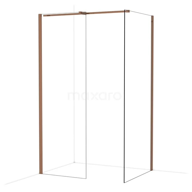 Duschwand mit Eckprofil in mat Gold, Klarglas und minimalistischem Design, perfekt für einen modernen Badezimmerstil.