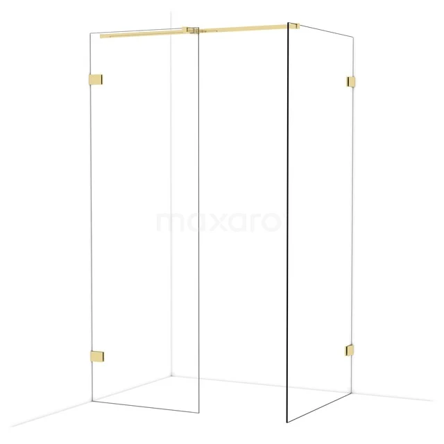 Glazen douchewand met gouden scharnieren, strak design en modern frame, ideale toevoeging aan een luxe badkamer.