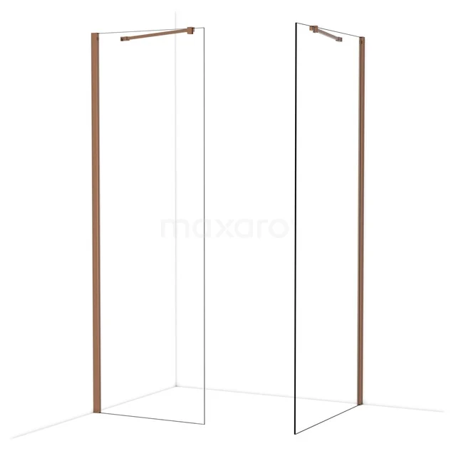 Walk-in shower with clear glass, copper-coloured profiles and minimalist design, perfect for a modern bathroom.
