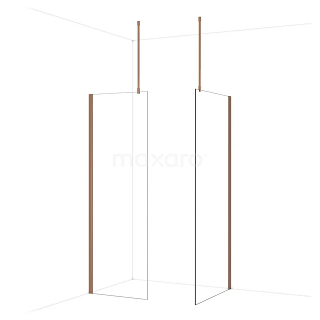 Minimalistisch hoekdouchewand met gouden details, glas en strakke lijnen voor een moderne badkamerstijl.
