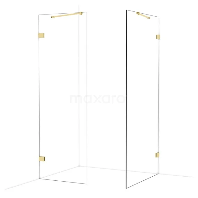 Glass shower wall with gold hinges, minimalist design, perfect as a stylish bathroom accessory.