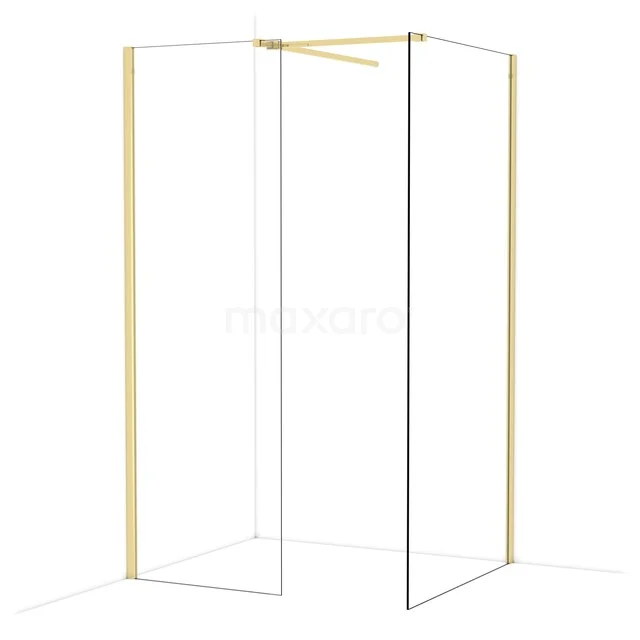 Glass shower wall with gold-coloured frame, sleek design; ideal for a luxurious look in the bathroom.