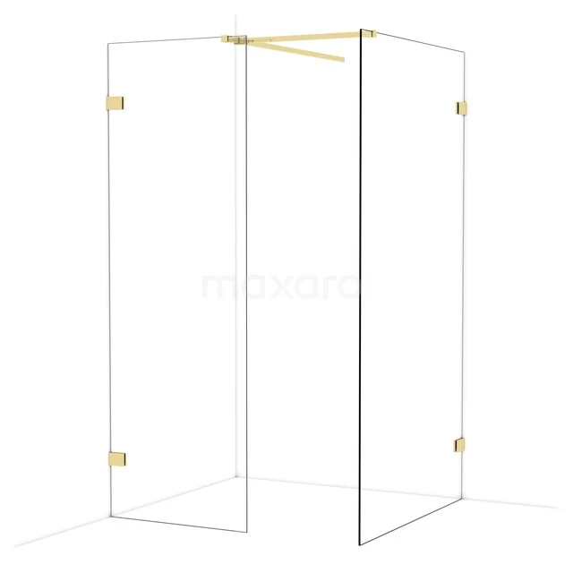 Gouden hoekdouchewand met helder glas en minimalistisch design, ideaal voor een moderne badkamer.