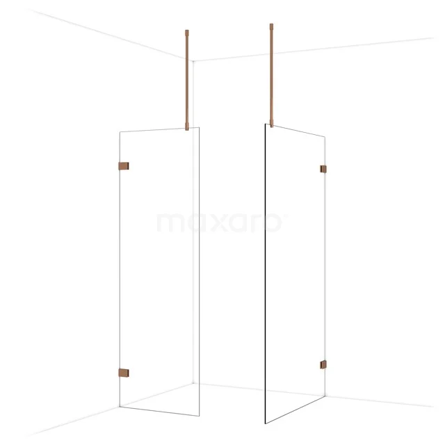 Transparante glazen douchewand met koperkleurige steunen, modern design, ideaal voor stijlvolle badkamerinrichtingen.