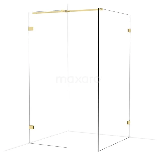 Glas Duschwand mit goldfarbenen Scharnieren, eckiges Design, ideal für eine stilvolle Badezimmer Einrichtung.
