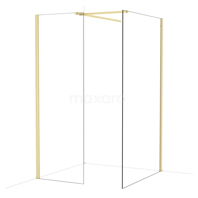 Duschwand mit goldfarbenem Rahmen, minimalistisches Design, geeignet für luxuriöses Badezimmer, hergestellt aus hochwertigem Glas und Metall.