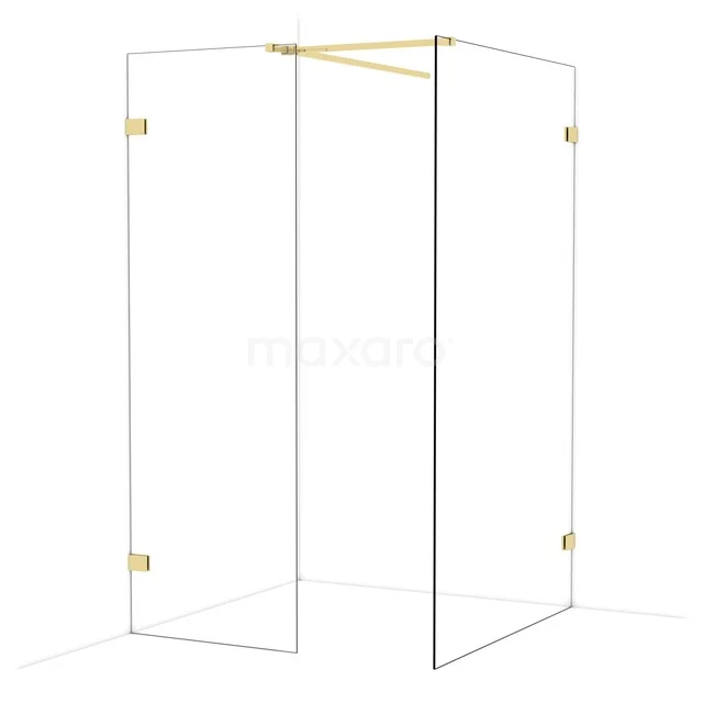 Glazen hoekdouche met goudkleurige accenten, minimalistisch design, perfecte toevoeging aan een moderne badkamer.
