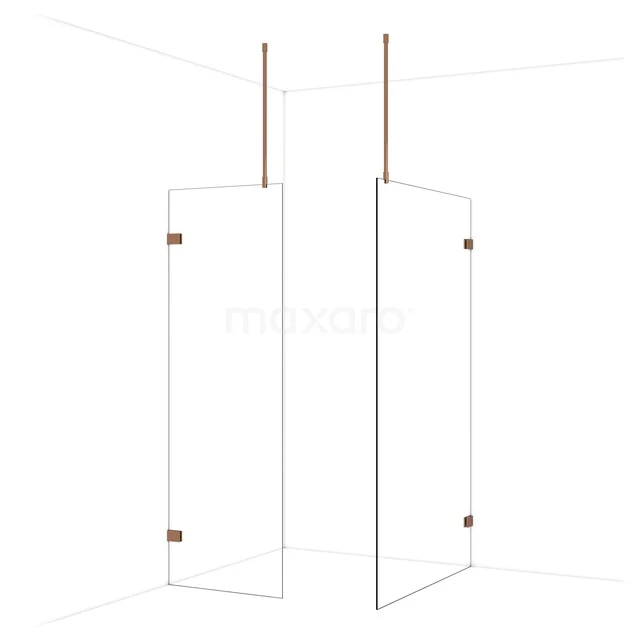 Inloopdouche met glazen schermen en gouden accenten, strak design perfect voor moderne badkamers.