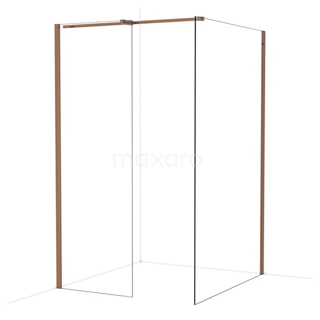 Duschwand mit Eckaufstellung, transparentem Glas und kupferfarbenen Profilen, ideal für eine stilvolle Badezimmergestaltung.