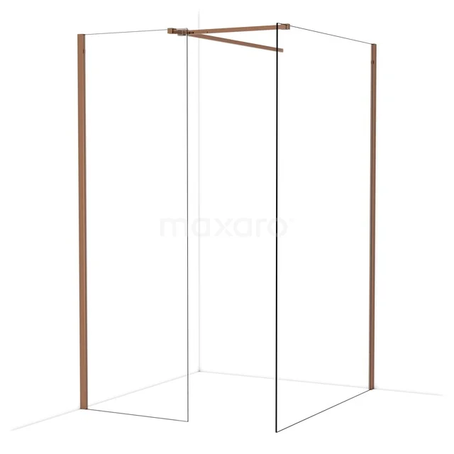 Douchewand met hoekopstelling, modern design in glas en koperkleurig frame, ideaal voor stijlvolle badkamerinrichtingen.