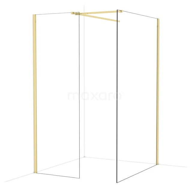 Gold-coloured corner shower wall with minimalist design, made of glass and aluminium, perfect for modern bathrooms.