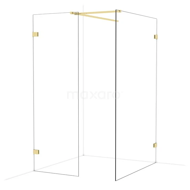 Shower wall with clear glass, gold-coloured details and corner arrangement, ideal for a modern bathroom design.