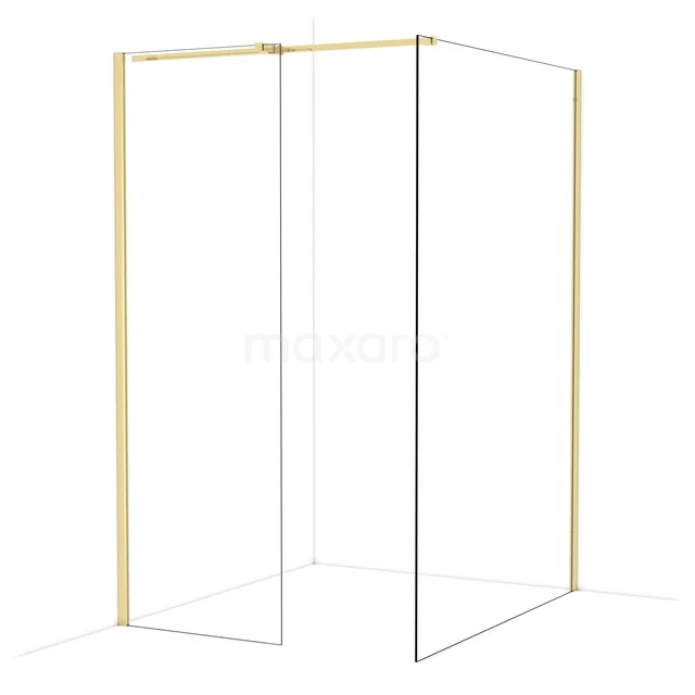 Gouden aluminium douchewand met strak design en transparant glas, perfect voor een moderne badkamer inrichting.