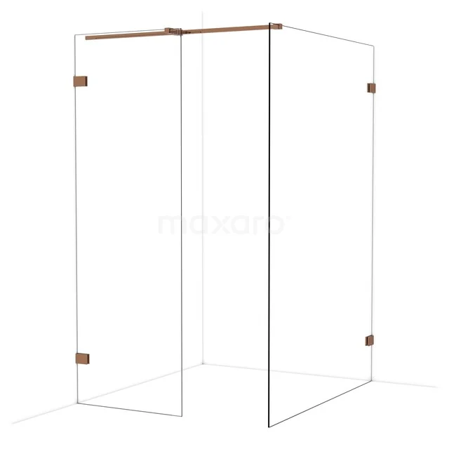 Glazen douchewand met hoekopstelling, transparant met minimalistische koperkleurige scharnieren, ideaal voor moderne badkamers.