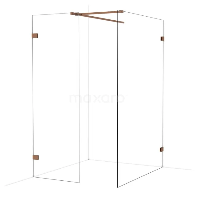 Douchehoek met helder glas en koperkleurige details, modern design voor een stijlvolle badkamer.