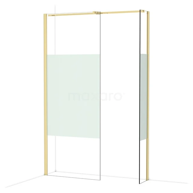 Douchewand met mat gouden frame, schuifdeur en helder glas, perfect voor een moderne badkamerinrichting.