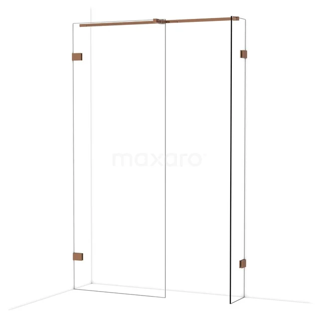 Glas Duschwand mit kupferfarbenen Befestigungen, modernes Eckdesign, perfekt für einen luxuriösen Badezimmerstil.