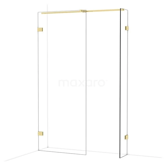 Glazen douchewand met gouden accenten, hoekopstelling, modern design, perfect voor een luxe badkamer.
