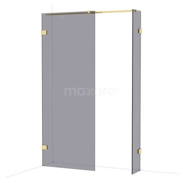 Gold-coloured shower wall with transparent glass and hinges, ideal for a luxury bathroom decor.